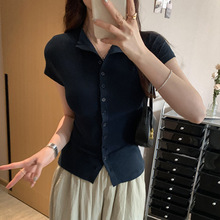 2025夏季新款纽扣领修身显瘦大弹力短袖休闲T恤女高级感开衫上衣