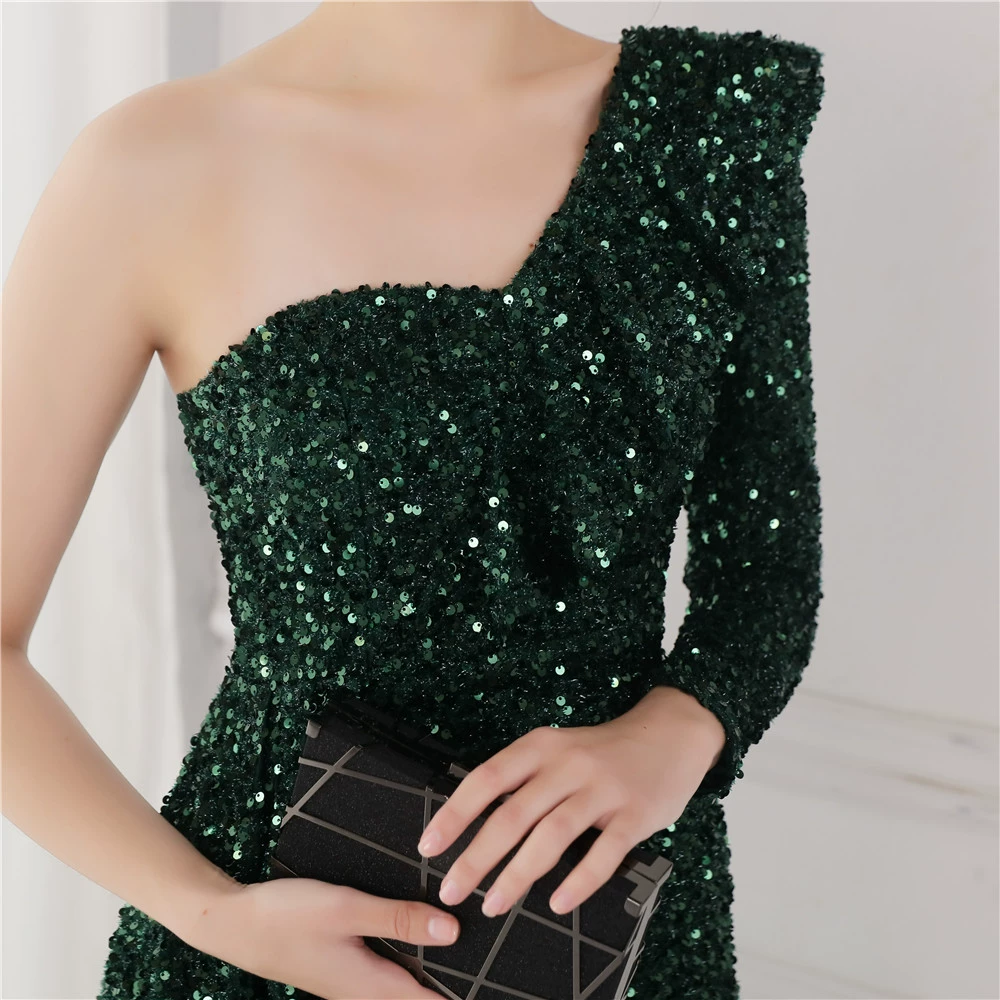 green evening gown Burgundy Sequins Mermaid Evening Dresses Sexy One Shoulder Side Split Formal Floor Length Vestido De Fiesta Prom Gown YSAN1424 formal evening gowns