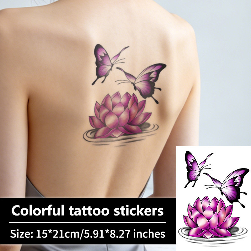 Chinese-style purple lotus butterfly tattoo sticker, lotus water pattern colorful sticker, waterproof temporary tattoo for back and upper arm Chinese-style purple lotus butterfly tattoo sticker, lotus water pattern colorful sticker, waterproof temporary tattoo for back and upper arm