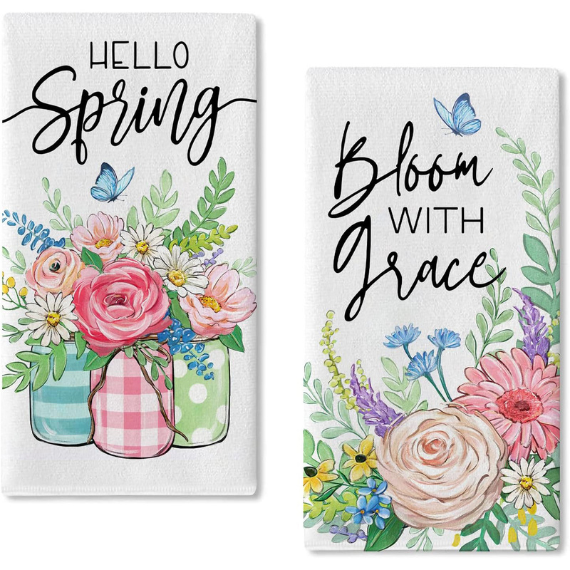 Happy Spring flower heart Garland kitchen dish towel bloom in the place where you plant hand towel drying cooking cloth