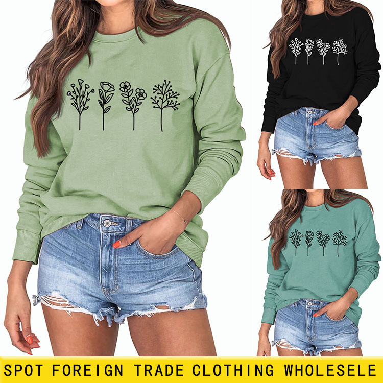 Amazon wish cross-border Women's round neck autumn and winter women's clothing Foreign Trade European and American four flowers printed casual long-sleeved sweater