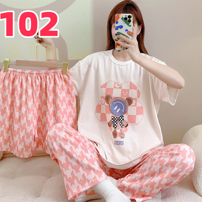 睡衣女夏季新款卡通三件套可爱简约休闲圆领家居服套装可外穿|undefined