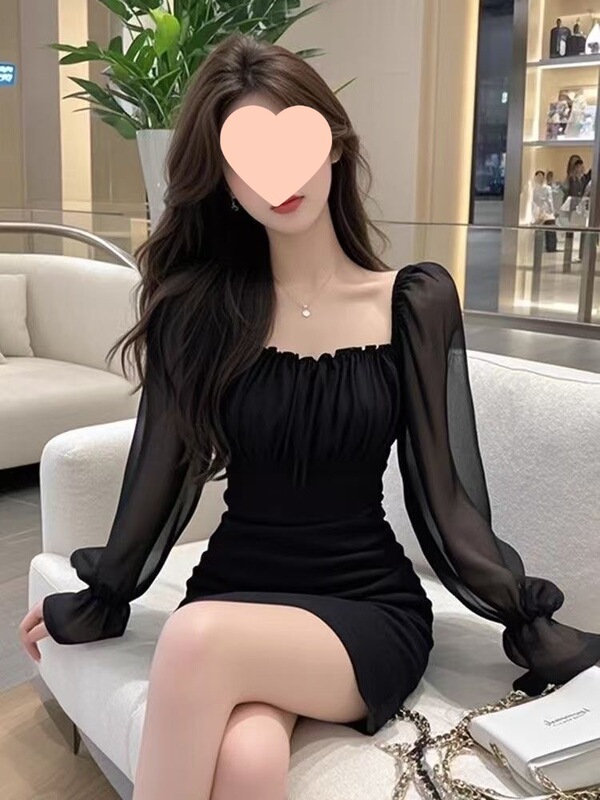 plus size Chubby Slim-fit Square Collar Long Sleeve dress Stitching Mesh New Sexy Tight Waist Slimming Skirt