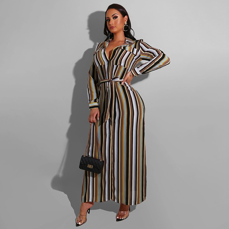 Shirt Dress Streetwear Turndown Belt Long Sleeve Stripe Maxi Long Dress Daily display picture 3