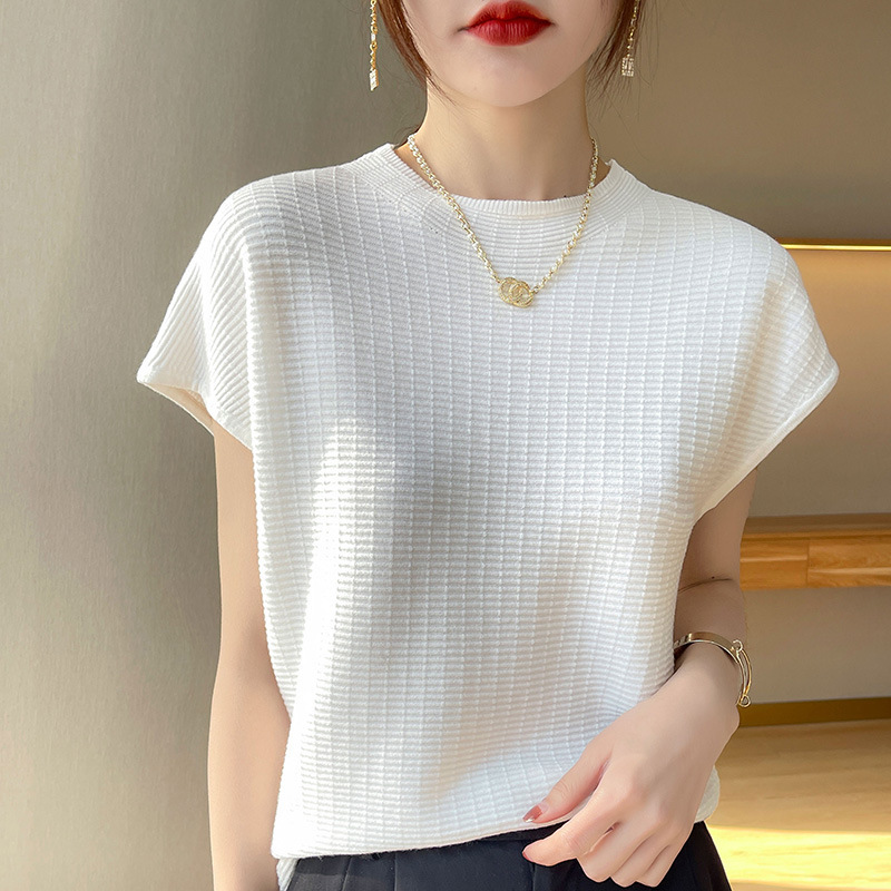 Thin Short-Sleeved Sweater Half Turtleneck Knitted Spring Women's Summer New Versatile Commuting Breathable Checkered Top Slim Fit