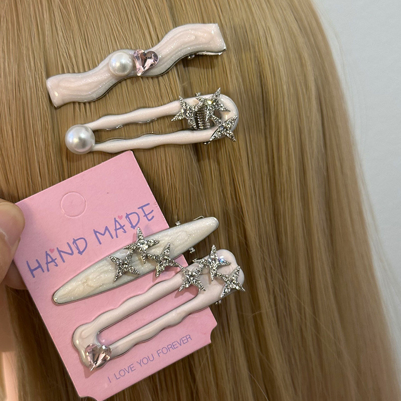 Cream peach pink ~ sweet cool Pearl Rhinestone hairpin wave pendant bangs clip metal hollow water drop duckbill clip