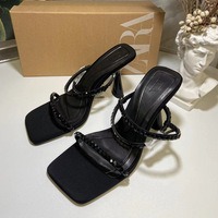 New French square toe straight strap with thin heel and rhinestone embellishment buckle, high heels with exposed toes, black strap sandals for women