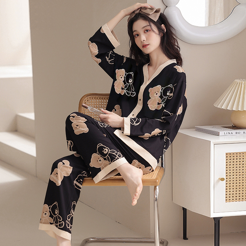 2025年新款家居服少女风开衫长袖长裤套装甜美可爱印花春秋季睡衣|undefined