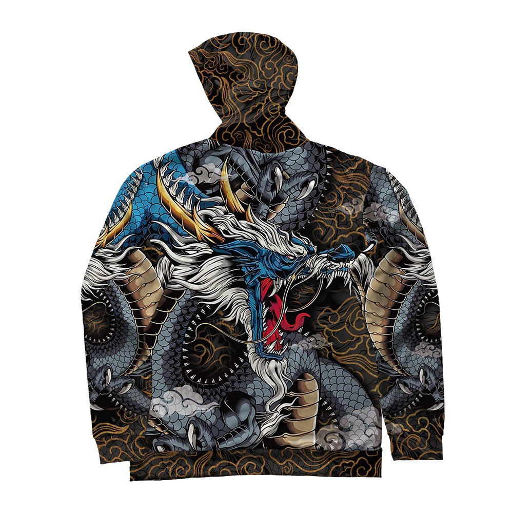 Civilización antigua clásica, bestia, dragón, estampado en 3D, suéter con capucha de manga larga con capucha y ancho de hombros de todo fósforo de la calle principal para hombres
