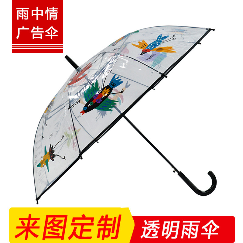 Creative cartoon long handle transparent umbrella color straight umbrella custom logo pattern diy advertising gift umbrella wholesale