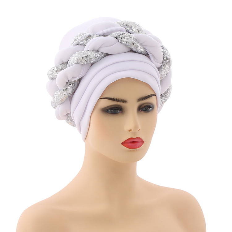 Muslim hat Space layer color sequin twist headscarf hat Fashion exaggerated PROM headscarf hat_voghion.com