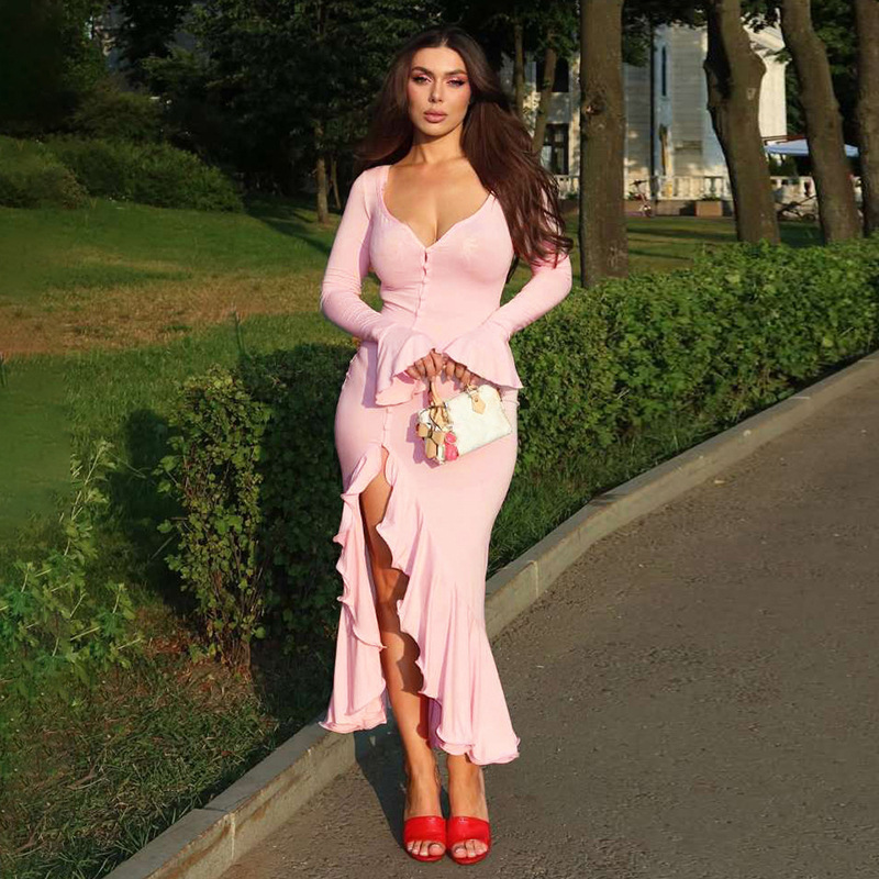European and American Cross-Border Women's Clothing 2025 Summer New Fashion Sexy V-Neck Bell Sleeves Ruffled Slit Dress for Women European and American Cross-Border Women's Clothing 2025 Summer New Fashion Sexy V-Neck Bell Sleeves Ruffled Slit Dress for Women