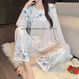 新中式高级感国风盘扣睡衣女秋冬季新款钻石绒宽松家居服套装