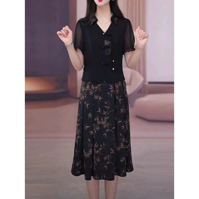 Летняя юбка с цветочным принтом для молодой мамы, женское новое достойное и элегантное платье больших размеров в китайском стиле, комплект из двух предметов