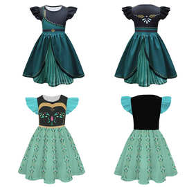 跨境新款冰雪奇缘安娜公主cosplay3D数码印花儿童飞飞袖连衣裙女