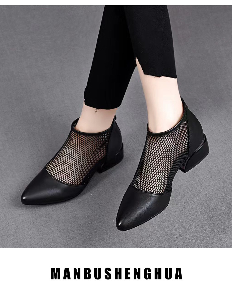 Sandal lưới da thật nữ mũi nhọn gót thấp phong cách La Mã — Da Bò Lớp đầu trên chi tiết 15