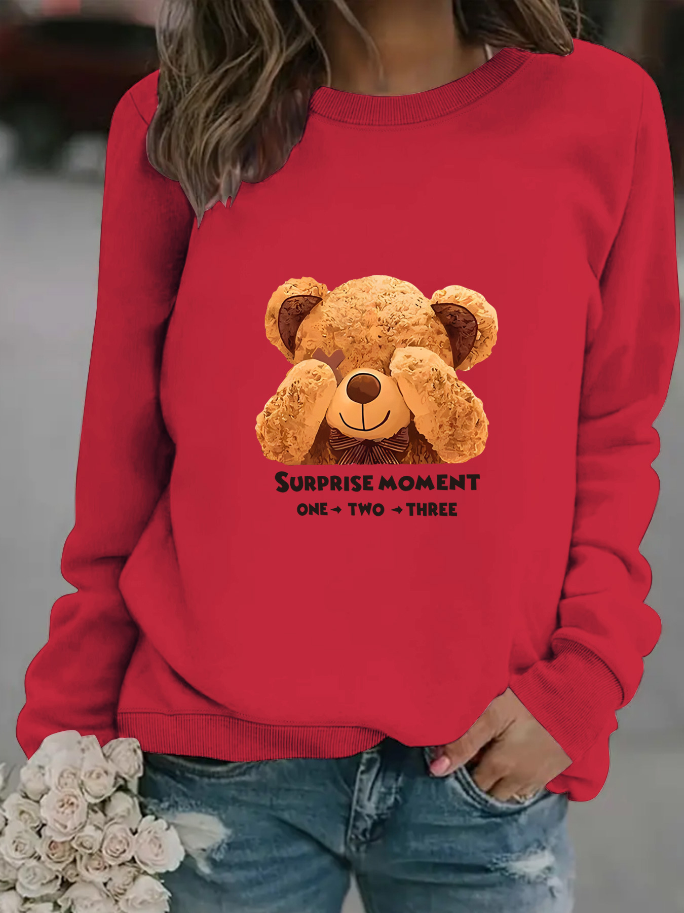 Damenbekleidung Herbst und Winter Damen lässig Langarm Rundhals Pullover mit Cartoon-Bären-Print_voghion.com