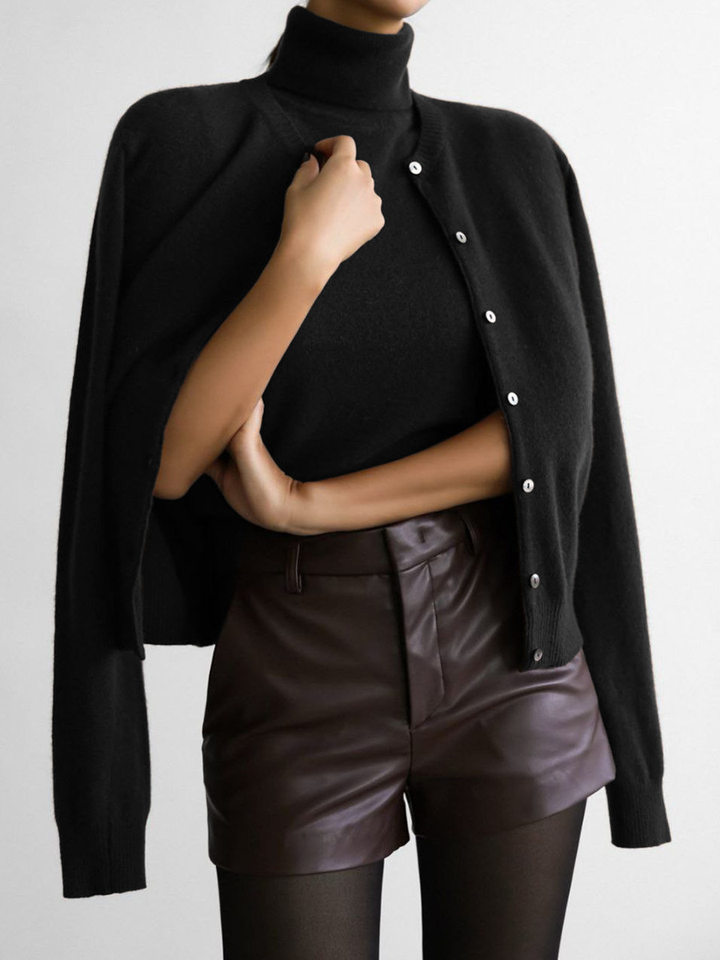 Bộ áo len dệt kim nữ cổ cao không tay kèm áo cardigan dáng suông — Áo vest màu nâu, Áo vest màu xám đậm, áo vest màu vàng, áo vest màu xanh chi tiết 118