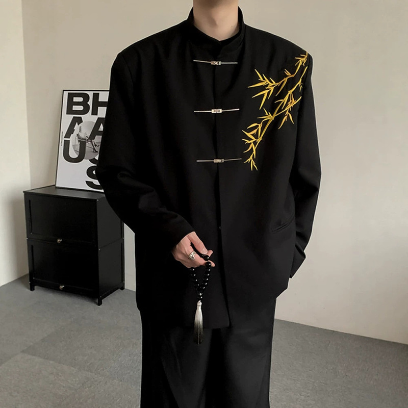 New Chinese Style Men's Engagement Clothes suit Guofeng Vertical Collar Zhongshan Suit Golden Bamboo Embroidered Boys Adult Dress Suit