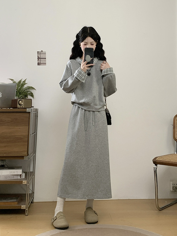2025年秋装新款胖mm大码女韩系休闲拼接套头卫衣+半身裙显瘦套装|undefined