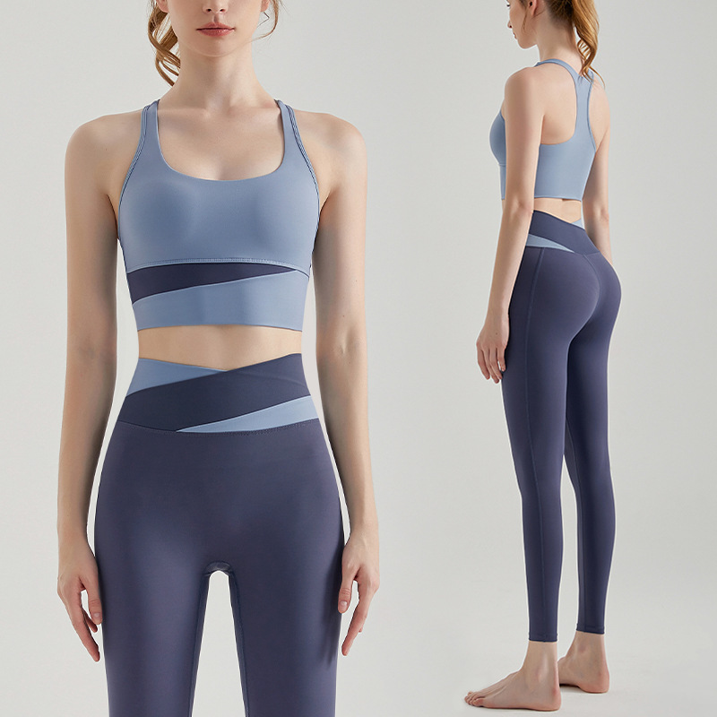 Chuanton Color-Blocked Cross-Waist Yoga Wear Women's Fashionable Sports Bra with Chest Pad Professional Running Fitness Two-Piece Suit