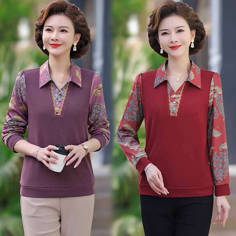 Middle-Aged and Elderly Women's Spring and Summer Long-Sleeved T-Shirts, Bottoming Shirts, 2025 New Mother's Clothing, Spring Style Shirts