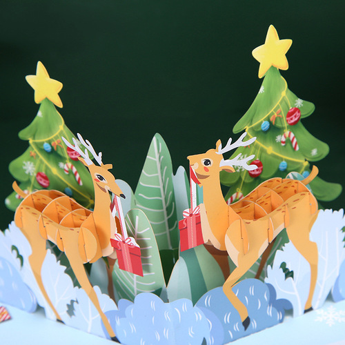 Cross-border Christmas 3D stereoscopic greeting card, new color printed Christmas reindeer paper cutting 3D greeting card, blessing card wholesale