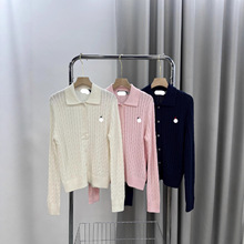 跨境高品质可扫码polo领纯棉针织毛衣开衫软糯修身翻领小麻花开衫