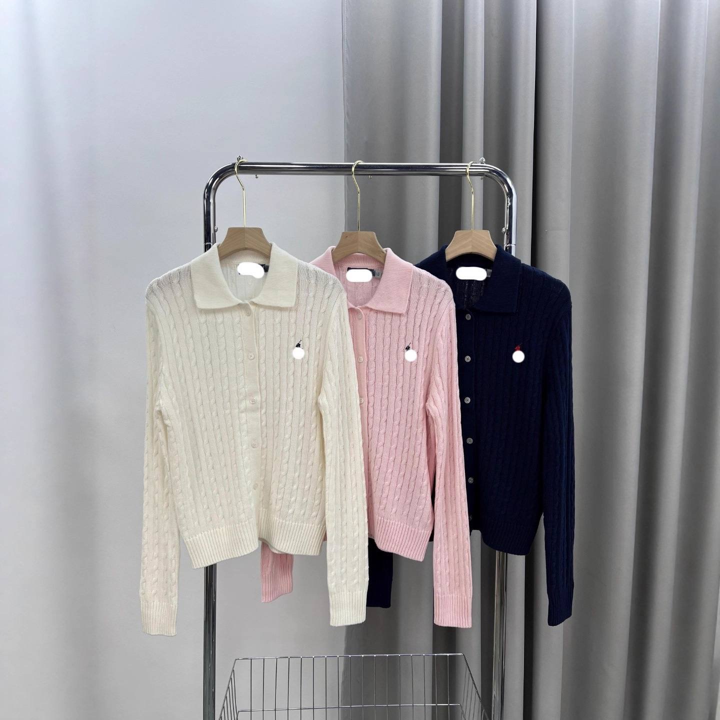 跨境高品质可扫码polo领纯棉针织毛衣开衫软糯修身翻领小麻花开衫