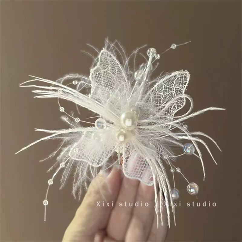 Feather Butterfly Pearl Hairpin Advanced Niche Lace Genie Side Girl Hairpin Ins Fresh Style Headwear