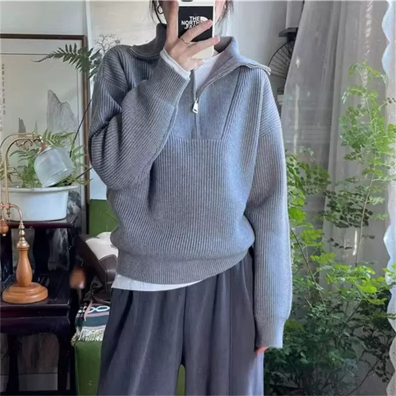 韩系秋冬新款纯色上衣翻领半拉链简约气质休闲套头针织衫毛衣女装