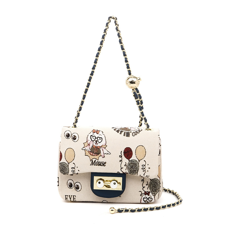 Dibujos animados lindo patrón de tela bordado para mujer bolso de cadena con cierre de solapa bolso cuadrado pequeño casual para mujer lona 2708 #