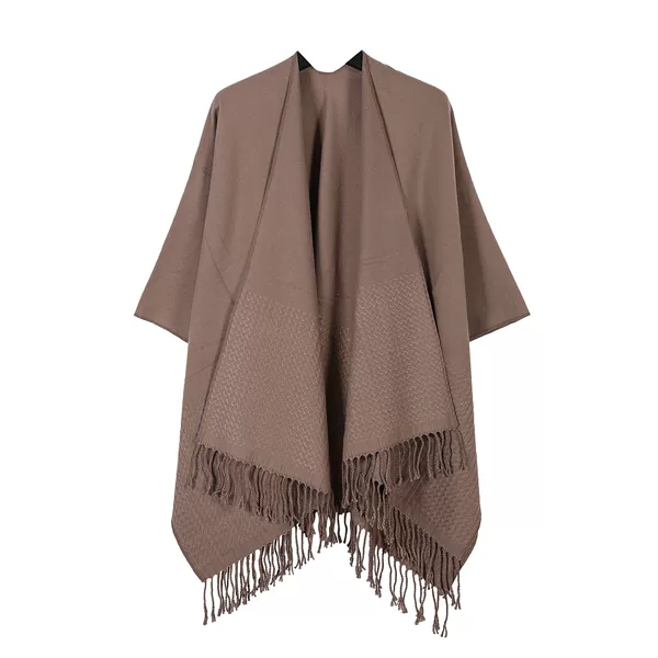 New Simple Outerwear for Women, Versatile Solid Color Tassel Thickened Shawl, Three-Dimensional Wave Jacquard Warm Slit Cape