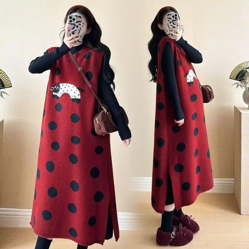 Retro Polka Dot Cat Print Knitted Vest Dress, Loose Fit, Plus Size, Tummy-Covering, Sleeveless Maternity Long Dress for Women