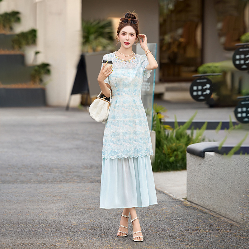 2025 summer new women's neckline sequins lace embroidery lace short sleeve long fashion dress HE5041