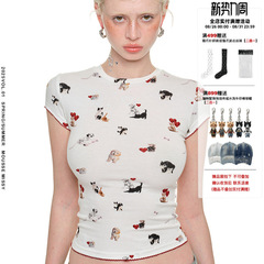 【金泰妍同款】1JINN STUDIO 猫狗印花短袖T恤女紧身弹力显瘦上衣