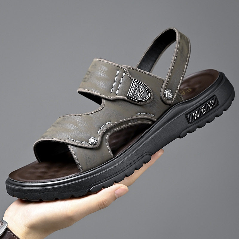 Dép sandal nam quai ngang hở ngón đế dày lót cao su mềm, đi ngoài trời và đi biển — QS991 màu kaki, QS991 màu đen