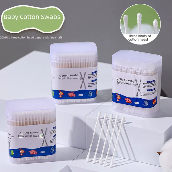 Baby Cotton swabs 200 PCs boxed children's small cotton swabs children's double-headed ultra-fine disposable ear pick small-headed cotton swabs