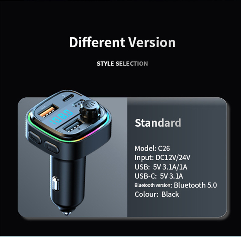 C26 Car Bluetooth Mp3 Music Player Bt5.0 Car Fm Transmitter Hands-Free Call Mobile Phone Music