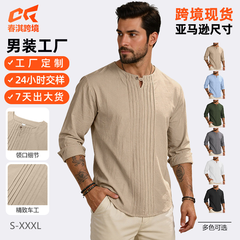 Estación independiente transfronteriza europea y americana spot cuello redondo manga larga hombre primavera otoño y verano blusa de algodón y lino suelta camisa de abrigo