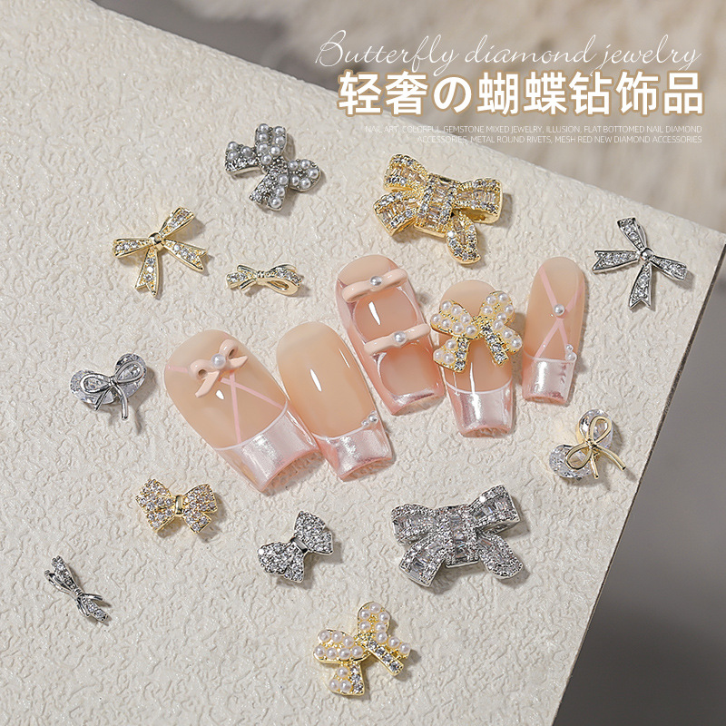 Accesorios para decoración de uñas, lazo brillante de circonita, ultra brillante, lujo ligero, decoraciones de diamantes de imitación para uñas con perlas tridimensionales, nuevo estilo transfronterizo