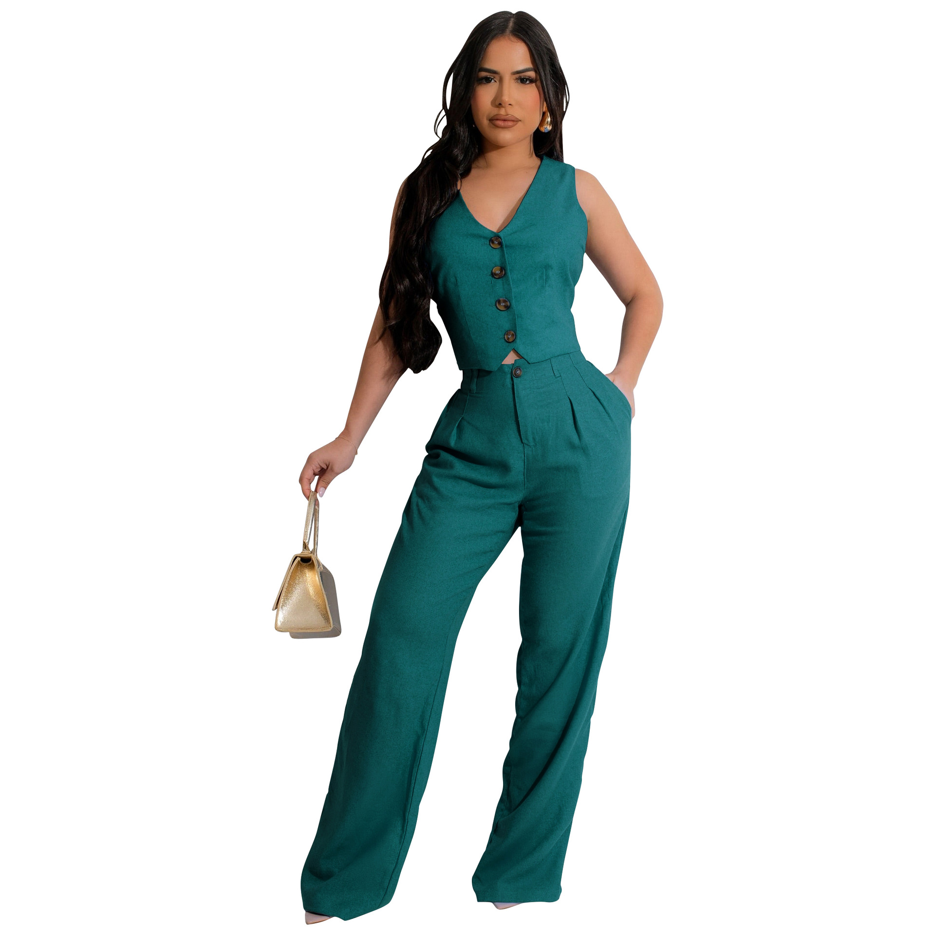 350g Weight Sleeveless Sleeve Length Spandex, Polyester Fabric Type Pant Co-ord Set Sets Type 2 Pieces Set Quantity Holiday Occasion V Neck Neckline Slim Fit Type Solid Color Pattern Summer Season Women's Gender Button Design Casual Style Holiday Women's Casual Solid Color Spandex Polyester Button Pant Co-ord Set Pants Sets 18