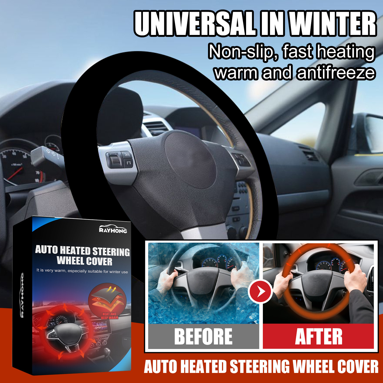 Rayhong Heated Car Handlebar Cover Universal Steering Wheel Cover Steering Wheel Hand Warmer Quick Heating Protective Cover