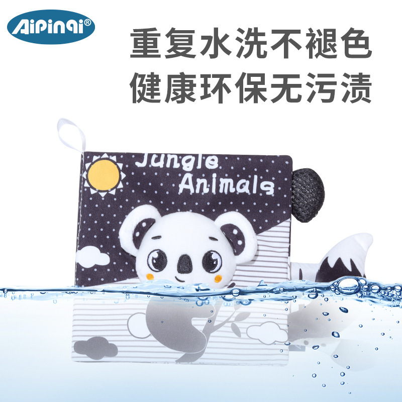 AIPINQI nuevo libro de tela blanco y negro bebé animal cola libro de tela bebé tridimensional libro de tela 0 años de edad juguetes de educación temprana