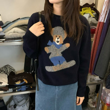 韩系复古可爱小熊滑雪毛衣女2025秋季新款休闲百搭保暖针织衫上衣