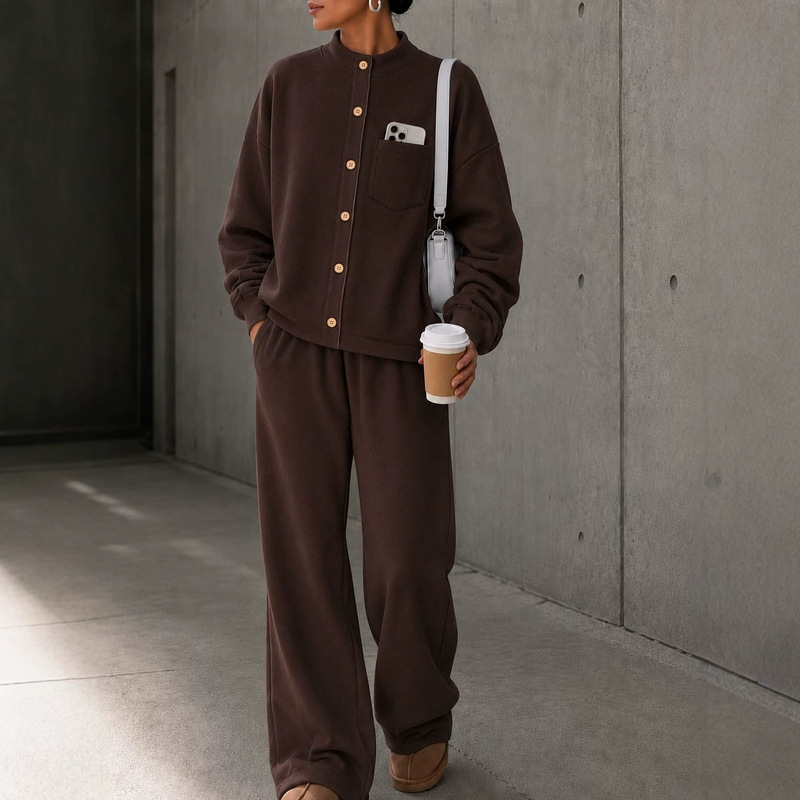 2026 Cross-Border European and American Women's Clothing Autumn/Winter New Stand Collar Cardigan Sweatshirt Wide-Leg Pants Loose Casual Two-Piece Set for Women 2026 Cross-Border European and American Women's Clothing Autumn/Winter New Stand Collar Cardigan Sweatshirt Wide-Leg Pants Loose Casual Two-Piece Set for Women