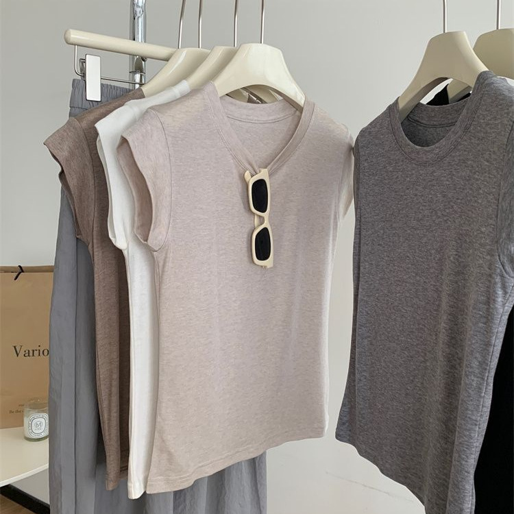 Cotton Round Neck Small Flying Sleeve T-shirt Women's Summer New Thin Slim-fit Slimming Basic Shoulder Short Sleeve Base Top