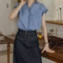 细格纹法式肌理木耳边衬衫