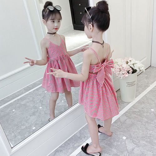 Women's Summer Tank Top Dress  New Han Style Checkered Trendy Medium Child Celebrity Thin Princess Dress