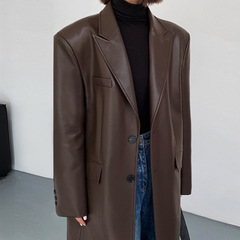 黒のミッドレングスのレザージャケット女性のための 2022 春と秋のファッション新しいルーズ膝上 pu レザースーツジャケットコートトレンディな